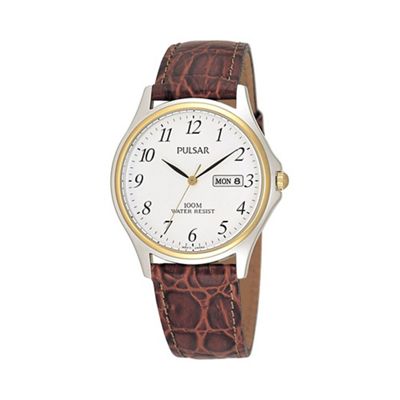 Men's brown leather strap watch with date function pxf294x1